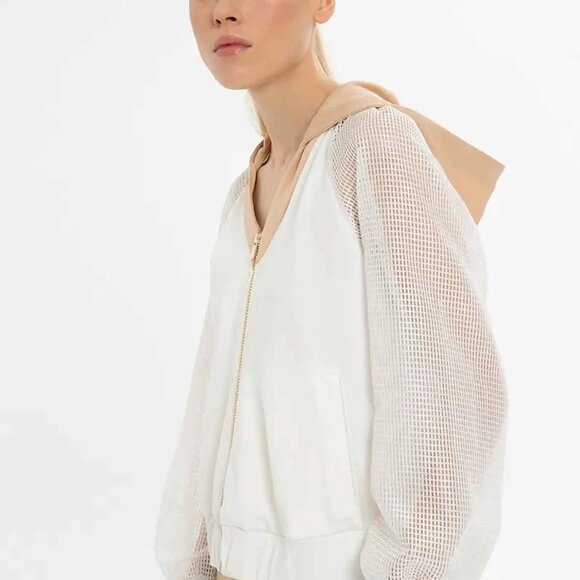 Elegant Ecru Hooded Jacket with V-Neck Design - Picture 3 of 3